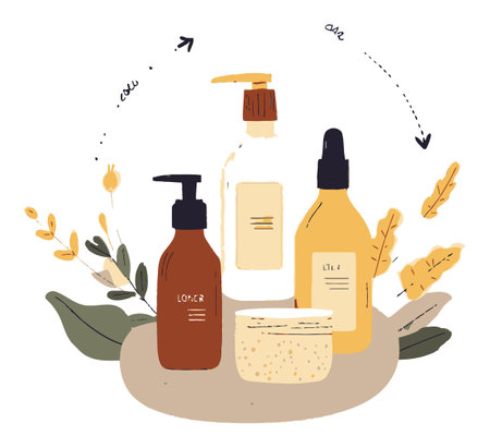 Charming hand-drawn illustration features various cosmetic bottles surrounded by floral elements, perfect for beauty blogs, skincare products, and marketing visuals.のイラスト素材
