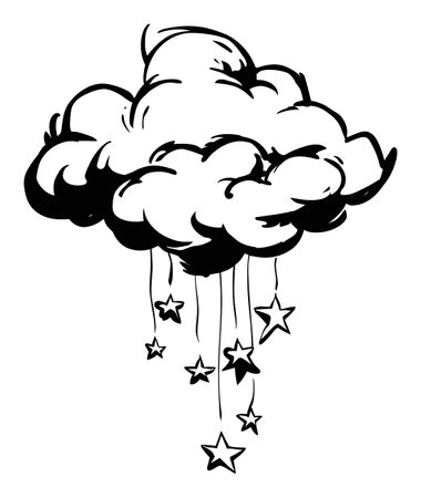 Unique hand drawn vector illustration of a fluffy cloud with stars dangling below. Ideal for creative designs, childrens themes, and whimsical art projects.のイラスト素材