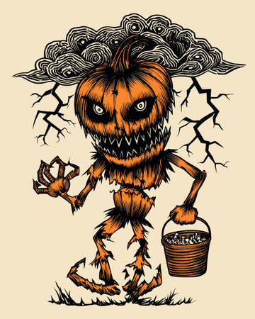 Discover a unique Halloween illustration featuring a spooky pumpkin creature holding a candy bucket. Ideal for festive decorations or Halloween-themed art.のイラスト素材