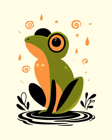 Delight in this vibrant cartoon frog illustration featuring playful colors and unique design elements, perfect for those seeking whimsical art styles.のイラスト素材