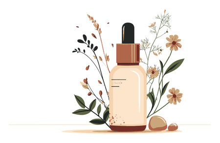 A beautifully illustrated cosmetic bottle set against a backdrop of delicate flowers and leaves, perfect for beauty, skincare design, and natural product branding.のイラスト素材