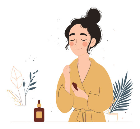 A charming illustration of a woman in a bathrobe applying a cosmetic product. Surrounded by greenery, the artwork captures the essence of self-care and beauty routines.のイラスト素材
