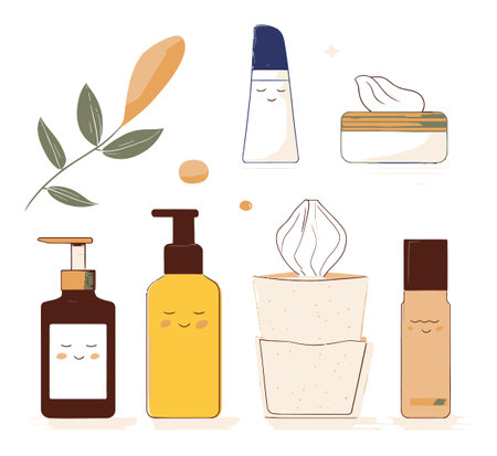 Delightful vector illustration of cosmetic products including creams and lotions, complemented by natural elements, perfect for beauty and skincare themes.のイラスト素材