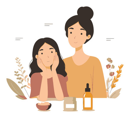 A charming illustration depicting a woman and a girl enjoying their skincare routine amidst floral elements, showcasing beauty and wellness. Perfect for cosmetic themes.のイラスト素材