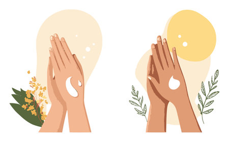 A beautiful vector illustration depicting hands applying a cosmetic cream, surrounded by floral elements and soft colors, perfect for beauty and skincare themes.のイラスト素材