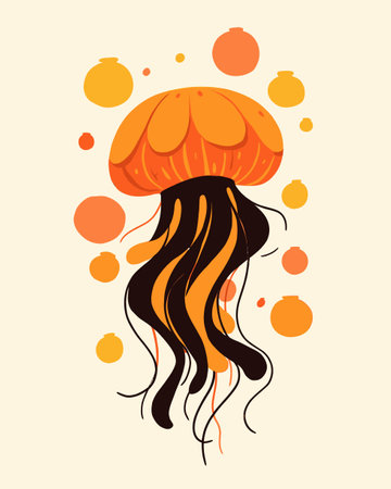 This eye-catching cartoon illustration showcases a vibrant orange jellyfish surrounded by playful shapes, perfect for aquatic-themed projects or decor.のイラスト素材