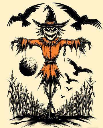 A striking illustration of a scarecrow in an orange outfit, flanked by crows and set against a cornfield, perfect for Halloween-themed artworks.のイラスト素材