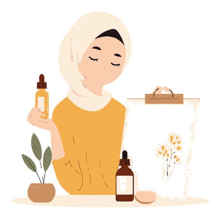 A stylish illustration featuring a woman with a scarf, showcasing cosmetic products and a floral drawing, perfect for beauty and wellness themes.のイラスト素材