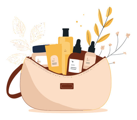 A charming illustration of a stylish cosmetic bag filled with skincare products and floral elements, perfect for beauty enthusiasts and lifestyle themes.のイラスト素材