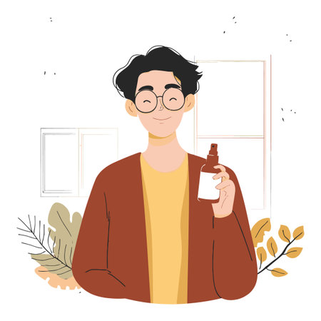 A stylish young man happily holds a cosmetic bottle, capturing the essence of modern skincare in a vibrant illustration, perfect for beauty and wellness themes.のイラスト素材
