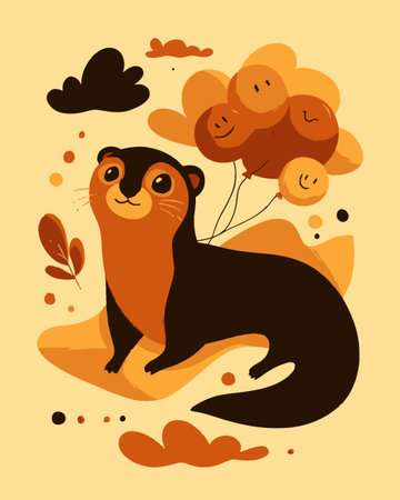 A charming cartoon otter sits happily with bright balloons, featuring smiling faces. This whimsical illustration uses warm colors, creating a joyful atmosphere perfect for children's decor.のイラスト素材