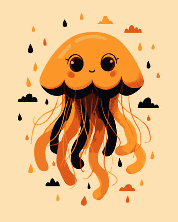This adorable cartoon jellyfish illustration features a vibrant orange color with a cheerful...