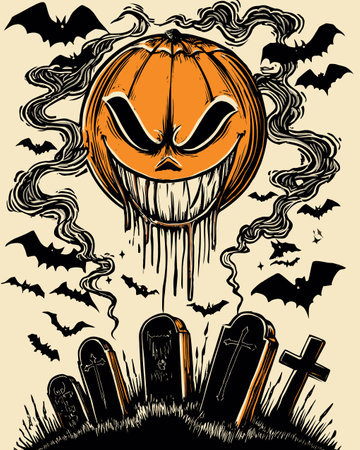 This striking Halloween illustration features a menacing pumpkin with a sinister grin, surrounded by bats and gravestones, perfect for seasonal decor.のイラスト素材