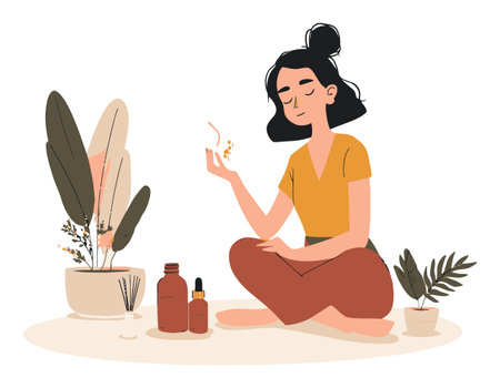 This illustration showcases a woman in a peaceful setting, enjoying natural cosmetic products amidst greenery, promoting themes of self-care and tranquility.のイラスト素材