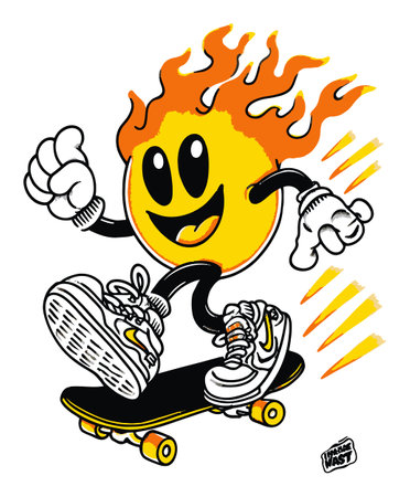 Cheerful hand-drawn cartoon illustration features a smiling sun character skateboarding with vibrant flames atop its head, showcasing energy and joy.のイラスト素材