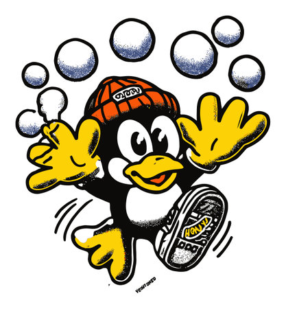 This playful cartoon penguin character wears a beanie and bubbles joyfully. Perfect for children's designs, this fun and vibrant illustration captures excitement and whimsy.のイラスト素材