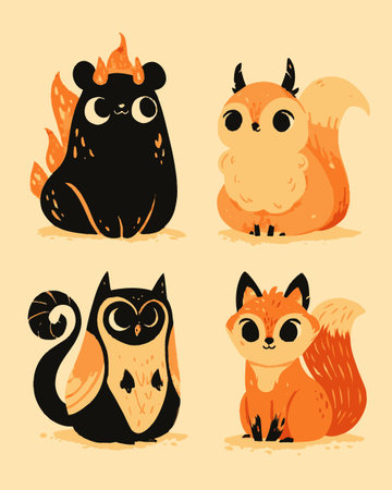 This delightful illustration features four cute cartoon animals with unique designs, showcasing a playful and vibrant style perfect for children's art and decor.のイラスト素材