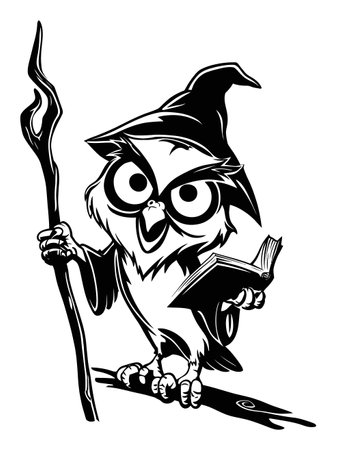 Charming hand-drawn vector illustration of an owl as a wizard, holding a book and a staff. Perfect for educational themes, fantasy art, or whimsical designs.のイラスト素材