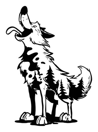 This hand-drawn vector illustration features a black and white silhouette of a howling wolf. The...