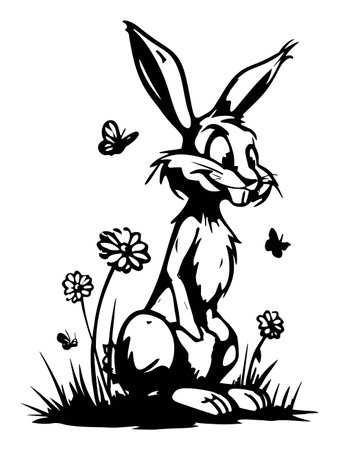 This hand-drawn vector illustration features a cheerful rabbit surrounded by flowers and butterflies, depicting a playful and whimsical outdoor scene.のイラスト素材