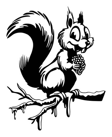 A charming hand-drawn vector illustration of a playful cartoon squirrel holding a pine cone while sitting on a tree branch, perfect for nature themes.のイラスト素材