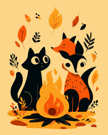 Delightful illustration of a black cat and a playful fox by a cozy campfire, surrounded by autumn leaves, showcasing a warm and cheerful outdoor scene perfect for seasonal themes.のイラスト素材