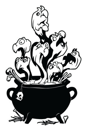 This hand drawn vector illustration features a spooky cauldron bubbling with ghostly heads peeking out, evoking Halloween themes and eerie vibes.のイラスト素材