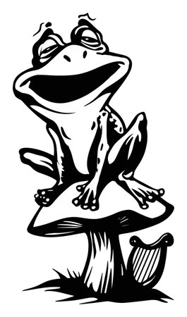 Charming hand-drawn vector illustration of a happy frog sitting on a mushroom, perfect for whimsical designs and nature-themed projects. Great for various creative uses.のイラスト素材