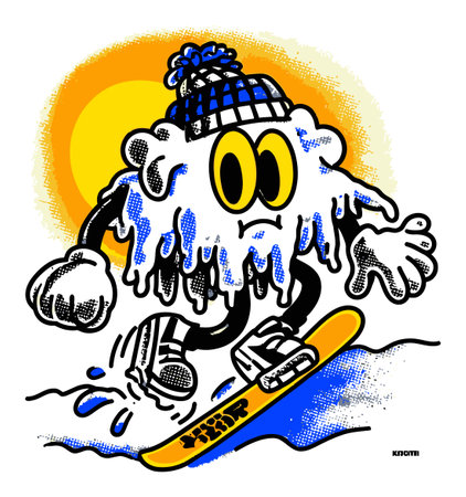 This playful cartoon character showcases a fun illustration of surfing, capturing an energetic vibe under a bright sun. A hand-drawn art style adds charm.のイラスト素材
