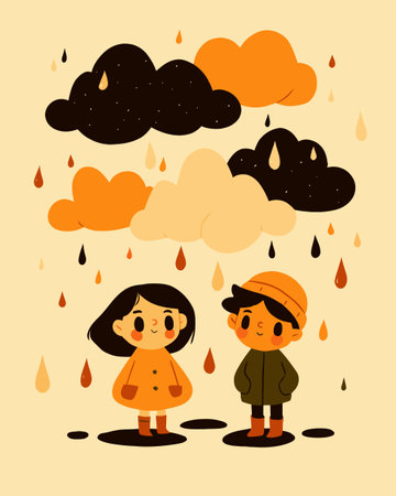 Delightful cartoon illustration featuring two cheerful children in a whimsical rainy setting, surrounded by clouds and raindrops in warm colors. Perfect for art projects!のイラスト素材
