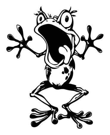 This hand-drawn vector illustration features a cartoon frog with exaggerated facial expressions and playful body language, perfect for creative projects.のイラスト素材