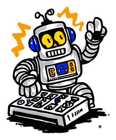 A vibrant hand-drawn illustration of a playful robot DJ, exuding energy with its lively colors and animated gestures, perfect for conveying a fun and quirky vibe.のイラスト素材