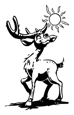 Vibrant hand-drawn vector illustration of a cheerful deer enjoying the sunlight. Perfect for nature-themed designs, wildlife projects, or whimsical art.のイラスト素材