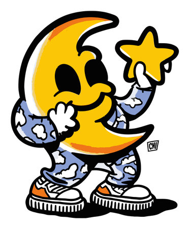 This playful cartoon illustration features an adorable moon character in pajamas holding a star, perfect for children's decor or playful designs.のイラスト素材