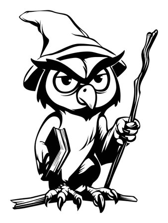 This hand-drawn vector illustration features a whimsical wizard owl holding a book and staff. Ideal for enchanting designs, it captures the magic of storytelling.のイラスト素材