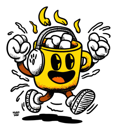 This lively hand-drawn illustration features a cheerful cartoon character made from a bright yellow mug with headphones. The character exudes joy and energy, celebrating the simple pleasure of hot beverages. Perfect for whimsical art projects!のイラスト素材