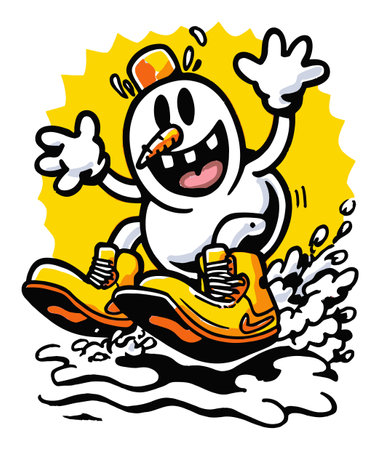 A joyful cartoon character celebrates adventure, wearing yellow boots and sunglasses. This vibrant hand-drawn illustration brings a cheerful energy to your designs.のイラスト素材