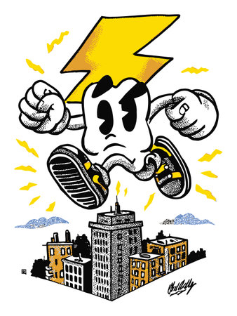 This hand-drawn cartoon illustration features a dynamic character leaping above a city skyline with a vibrant lightning bolt, exuding energy and excitement.のイラスト素材