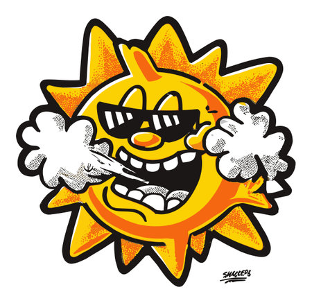 This lively cartoon sun character showcases a vibrant design with sunglasses and a cheerful expression, perfect for adding a fun touch to any project.のイラスト素材