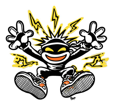 This lively hand-drawn illustration features an animated cartoon character radiating energy with electrifying elements. Perfect for projects needing a vibrant touch.のイラスト素材