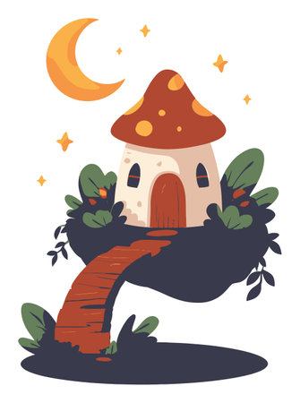 Discover a whimsical illustration of a cozy mushroom house set against a starry night sky, featuring vibrant colors and a charming pathway. Perfect for fantasy themes.のイラスト素材