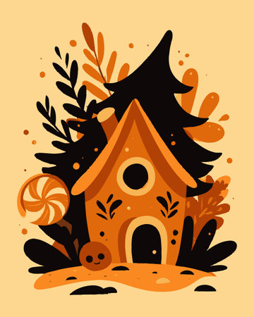 This delightful cartoon illustration features a whimsical house with a cozy design, surrounded by playful trees and candy elements, creating a cheerful atmosphere.のイラスト素材