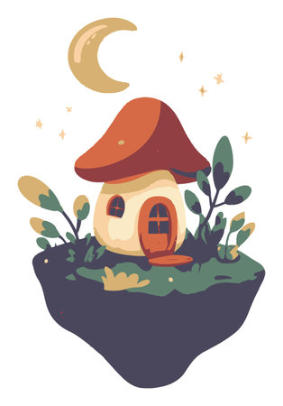 A delightful illustration of a cozy mushroom house under a glowing moon, surrounded by soft plants and sparkling stars. Perfect for whimsical designs.のイラスト素材