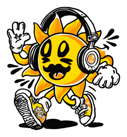 Colorful cartoon sun character wearing headphones and sneakers, dancing with joy. Perfect for children's themes, music events, or energetic designs.のイラスト素材
