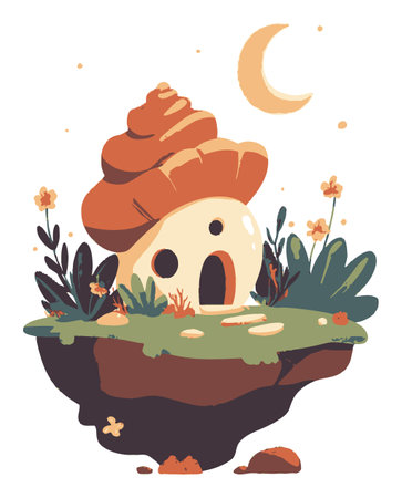Discover a whimsical mushroom house set against a moonlit sky, surrounded by delightful flora. This charming cartoon illustration captures a magical atmosphere.のイラスト素材