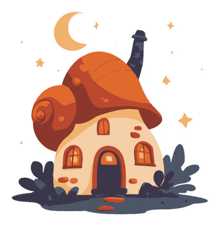 This delightful illustration features a whimsical house topped with a snail shell roof, set against a starry night sky. A perfect blend of charm and imagination.のイラスト素材