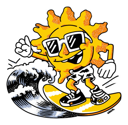 This vibrant illustration showcases a cheerful cartoon sun surfing on waves. With sunglasses and a fun pose, it embodies the spirit of summer and adventure.のイラスト素材