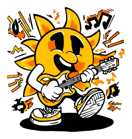 This vibrant hand-drawn illustration features a cheerful sun character energetically playing the guitar, radiating joy and musical energy.のイラスト素材