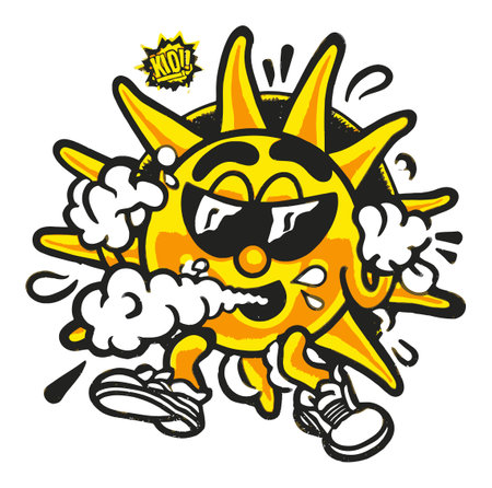 A vibrant cartoon sun with sunglasses exuding a fun and cool vibe. Perfect for summer-themed designs, this hand-drawn illustration brings energy and joy to any project.のイラスト素材