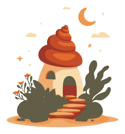 This charming illustration features a whimsical shell-shaped house nestled among lush greenery and bright flowers. The vibrant colors and playful design evoke a serene, magical atmosphere, perfect for fantasy themes.のイラスト素材